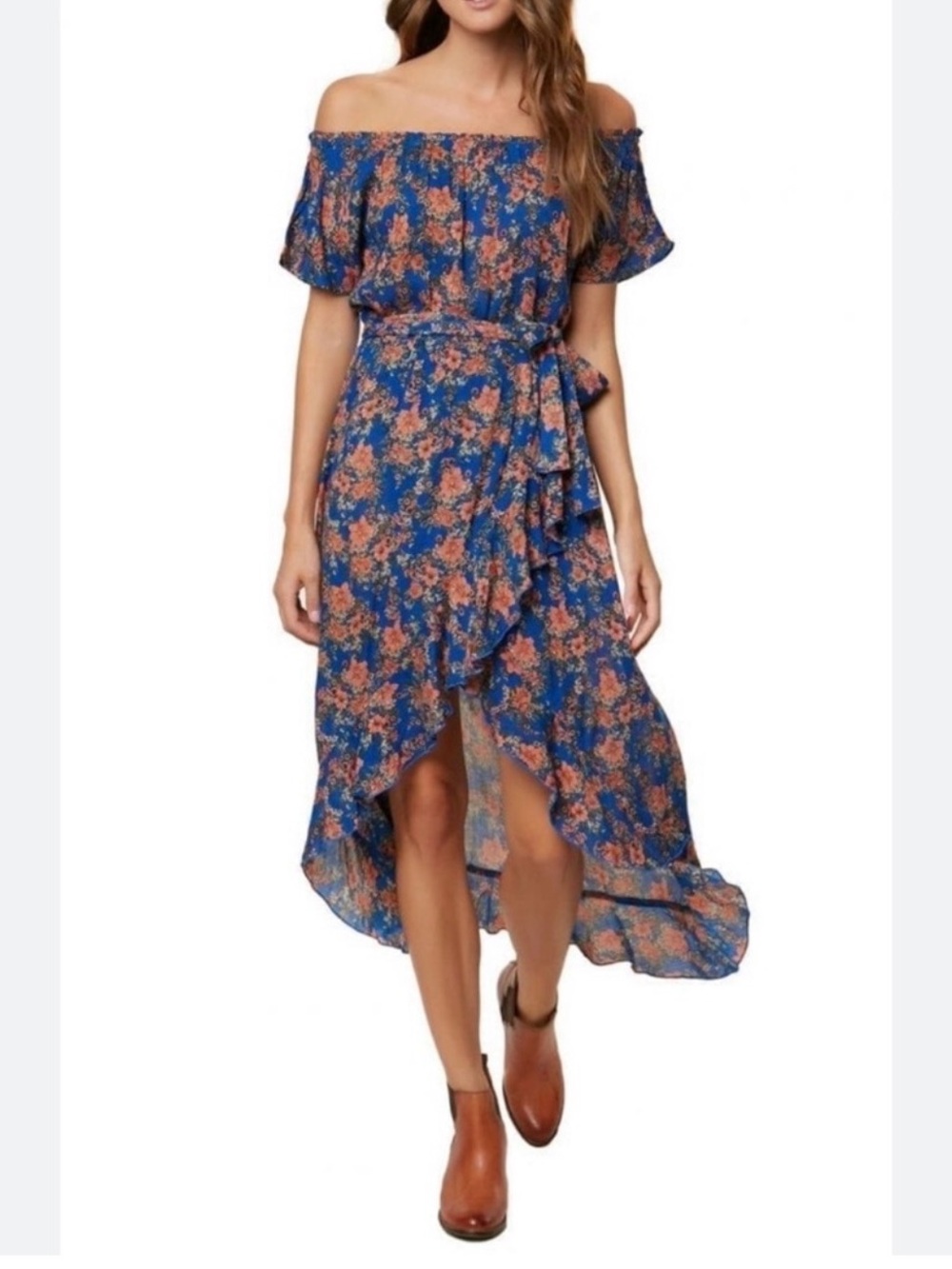 O'Neill Off-Shoulder Blue Floral Ruffled Maxi High-Low Summer Dress Size Medium